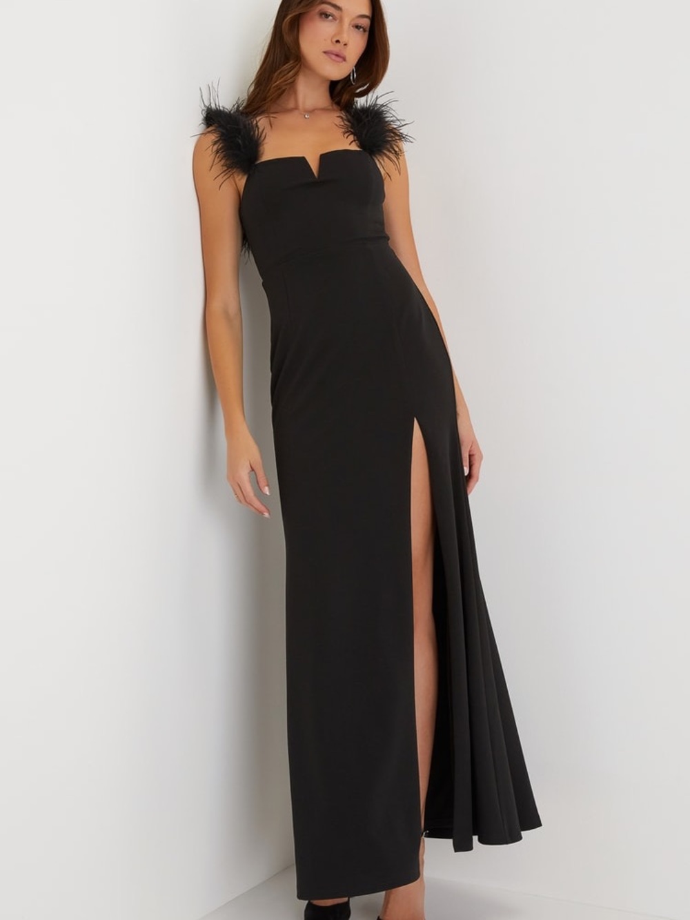 Black Feather-Trim Evening Gown